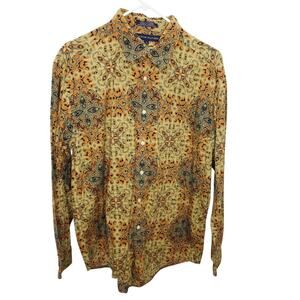 Tommy Hilfiger Tan & Orange Paisley Print Button Front Men's Shirt Size L